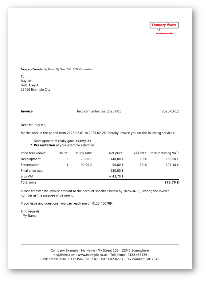 Example invoice generated with Time2Emphasize